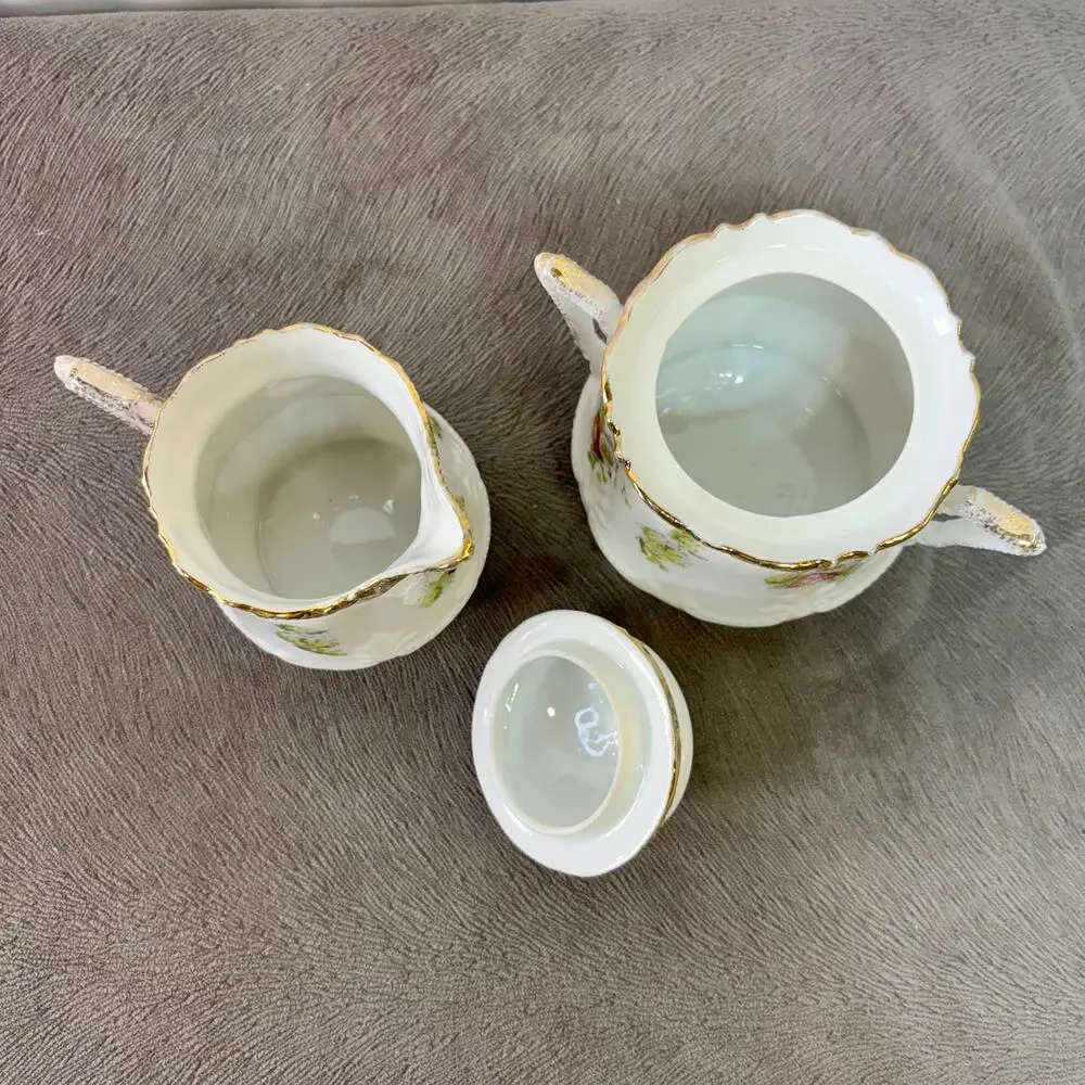 Sugar Bowl & Creamer Porcelain Lidded White Floral Gold Trim Large Unmarked